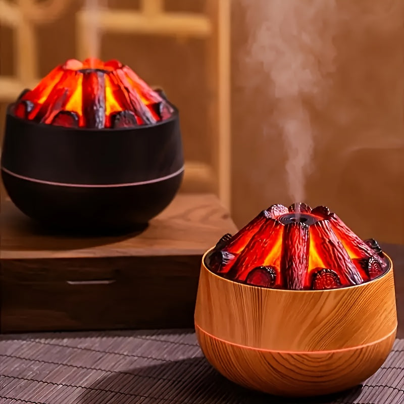 Mini simulated charcoal fire diffuser with USB power, realistic flame effect, and aromatherapy function, perfect for home and office use.