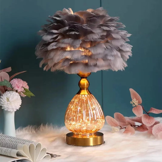 Crystal Desk Lamp with Handmade Feather Shade – Elegant LED Light with 3 Color Temperatures for Bedroom & Modern Décor