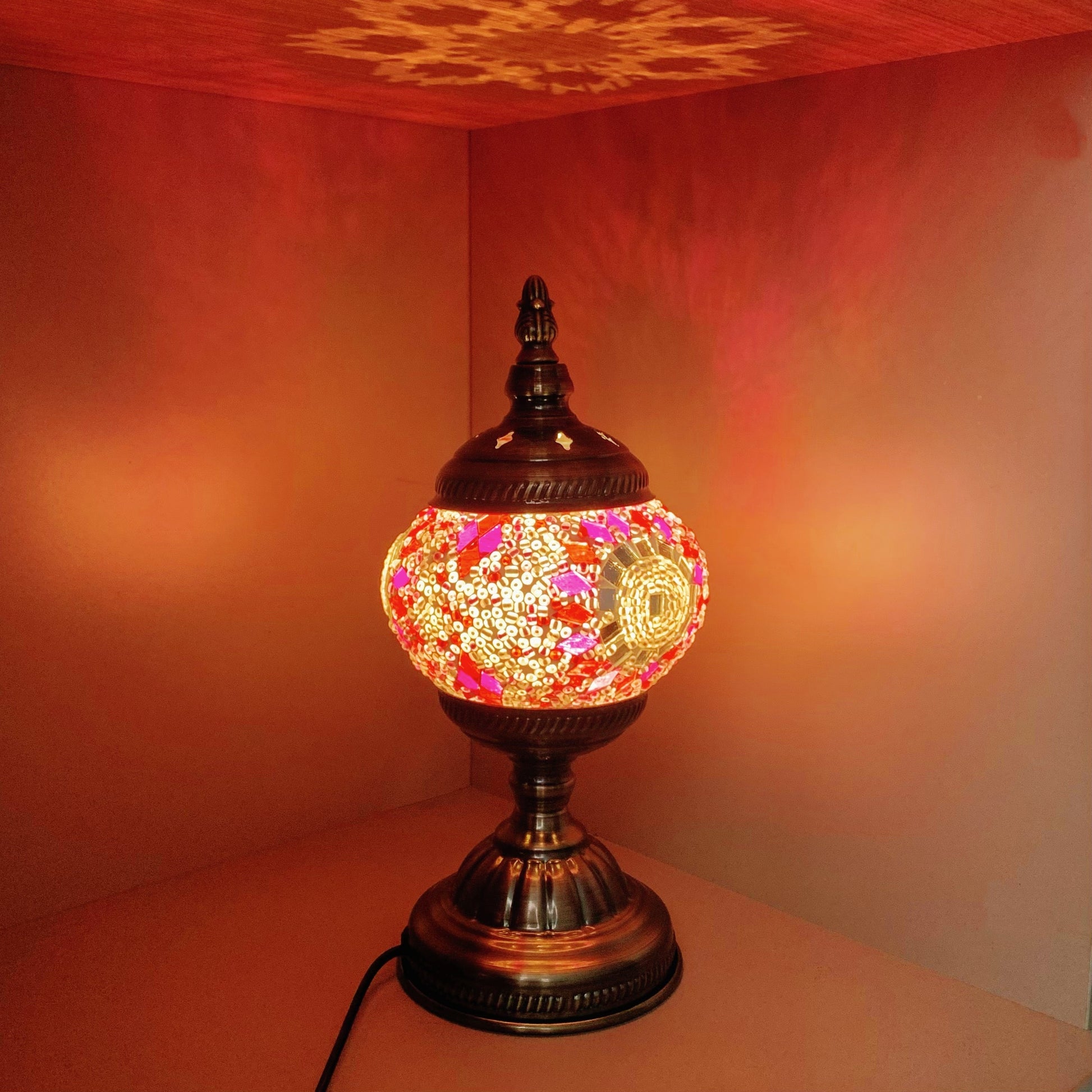 Colorful Turkish mosaic lamp with handcrafted glass design, USB-powered, perfect for creating a cozy, artistic atmosphere in the bedroom or living room.