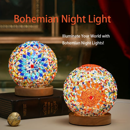 Handcrafted mosaic glass ball table lamp with wooden base, Turkish Moroccan inspired design, perfect for bedroom and living room decor.