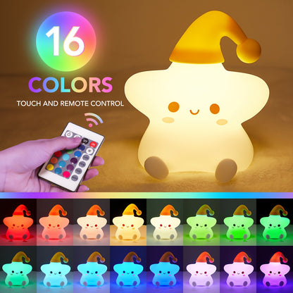 Adorable star-shaped night light with 16 color-changing modes, soft silicone design, USB rechargeable, and remote control, perfect for kids' rooms or decor.