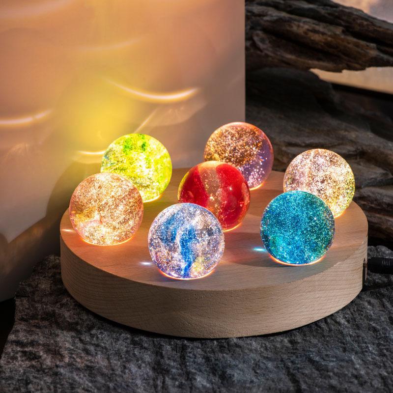 Royaleva Crystal Galaxy Orbs - 7 Galaxy-Themed Glass Spheres on Wooden Base