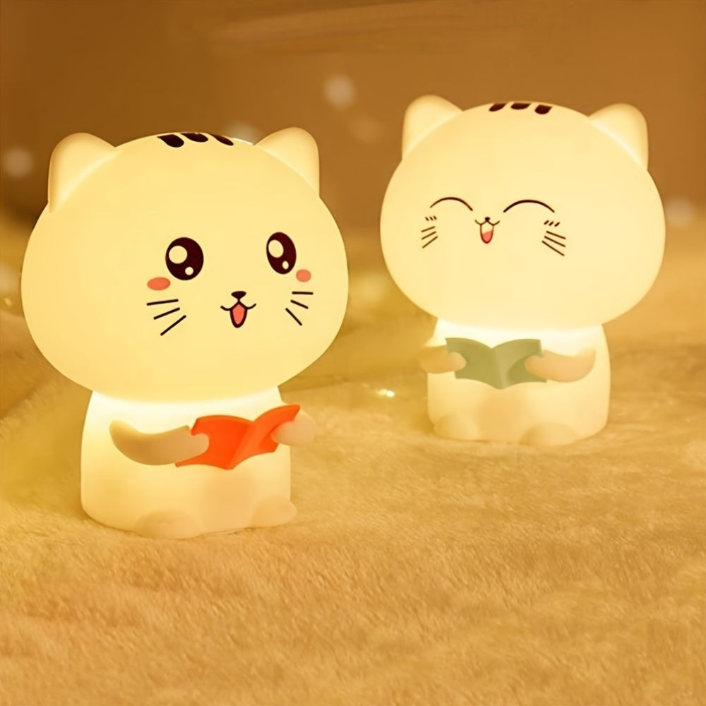 Cute reading kitty night light with 7 color-changing modes, soft silicone design, USB rechargeable, perfect for anime lovers and kids' room decor.