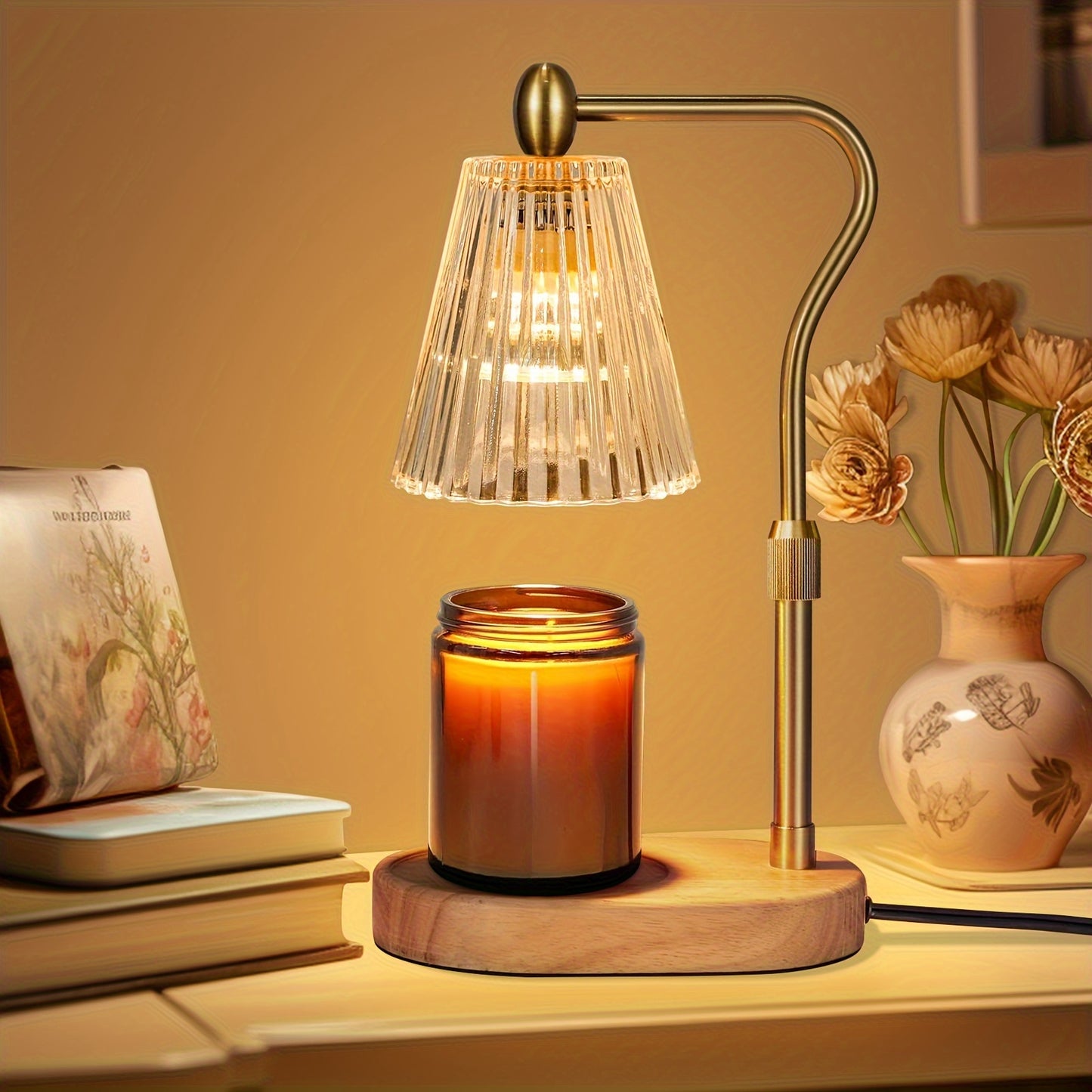 Cozy warming candle lamp with dimmable heat, adjustable height, and timer function, perfect for safely enjoying jar candles and creating a relaxing ambiance.