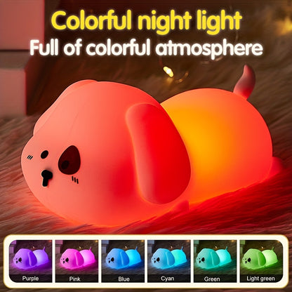 Cute puppy-shaped night light with soft silicone design, tap control, and rechargeable battery, ideal for home decor or as a gift.