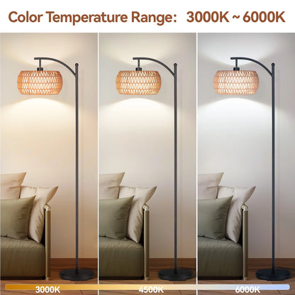 Floor Lamp , Dimmable LED Floor Lamp with 3 Color Temperature, Black Standing Lamp with Rattan & Fabric Double Drum Shade, Boho Farmhouse Tall Pole Lamp for Living Room