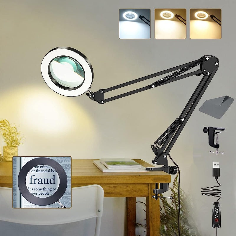 Magnifying Glass Lamp with 8X real glass lens, adjustable LED lighting, 3 color modes, and desk clamp, ideal for hobbies and crafts.