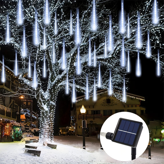 Solar Shower Lights with multicolor LEDs, solar-powered operation, waterproof design, and 8 lighting modes for decorating trees, yards, and parties.