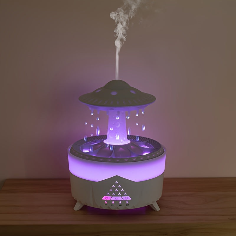 Raindrop-inspired essential oil diffuser and humidifier with LED light, whisper-quiet operation, and compact design, perfect for home, office, and relaxation spaces.