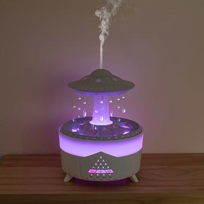 Raindrop-inspired essential oil diffuser and humidifier with LED light, whisper-quiet operation, and compact design, perfect for home, office, and relaxation spaces.