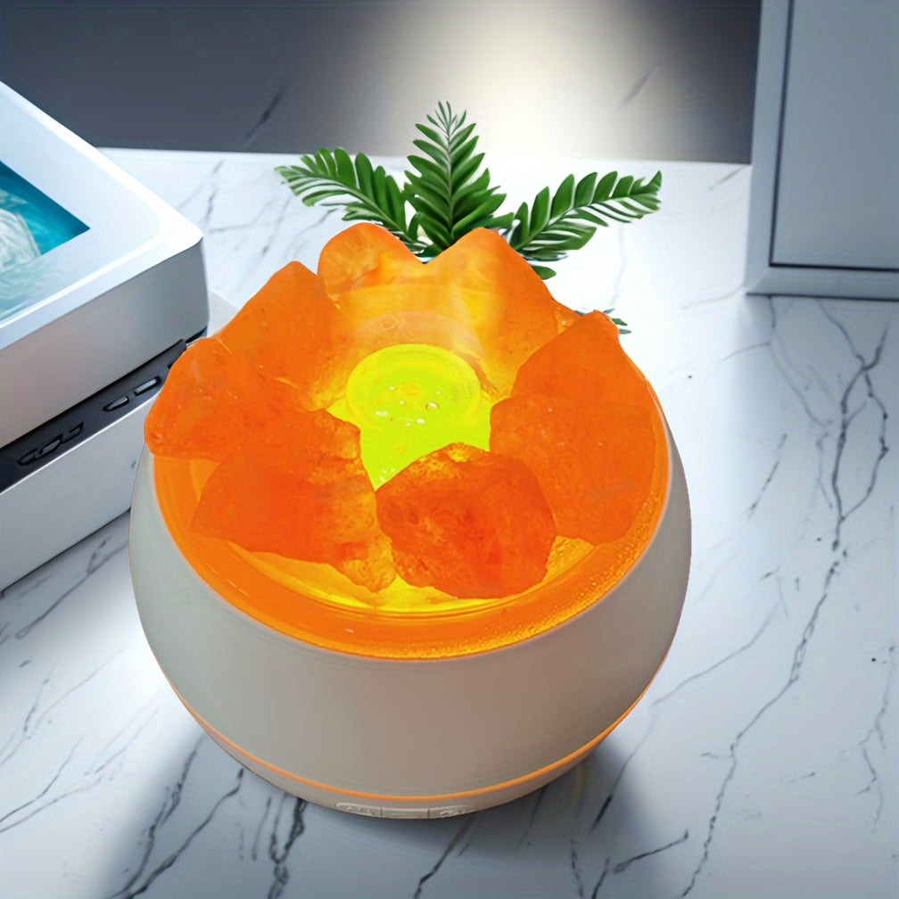 3-in-1 salt lamp diffuser with Himalayan salt crystals, USB powered, combining an essential oil diffuser, humidifier, and warm glowing nightlight.