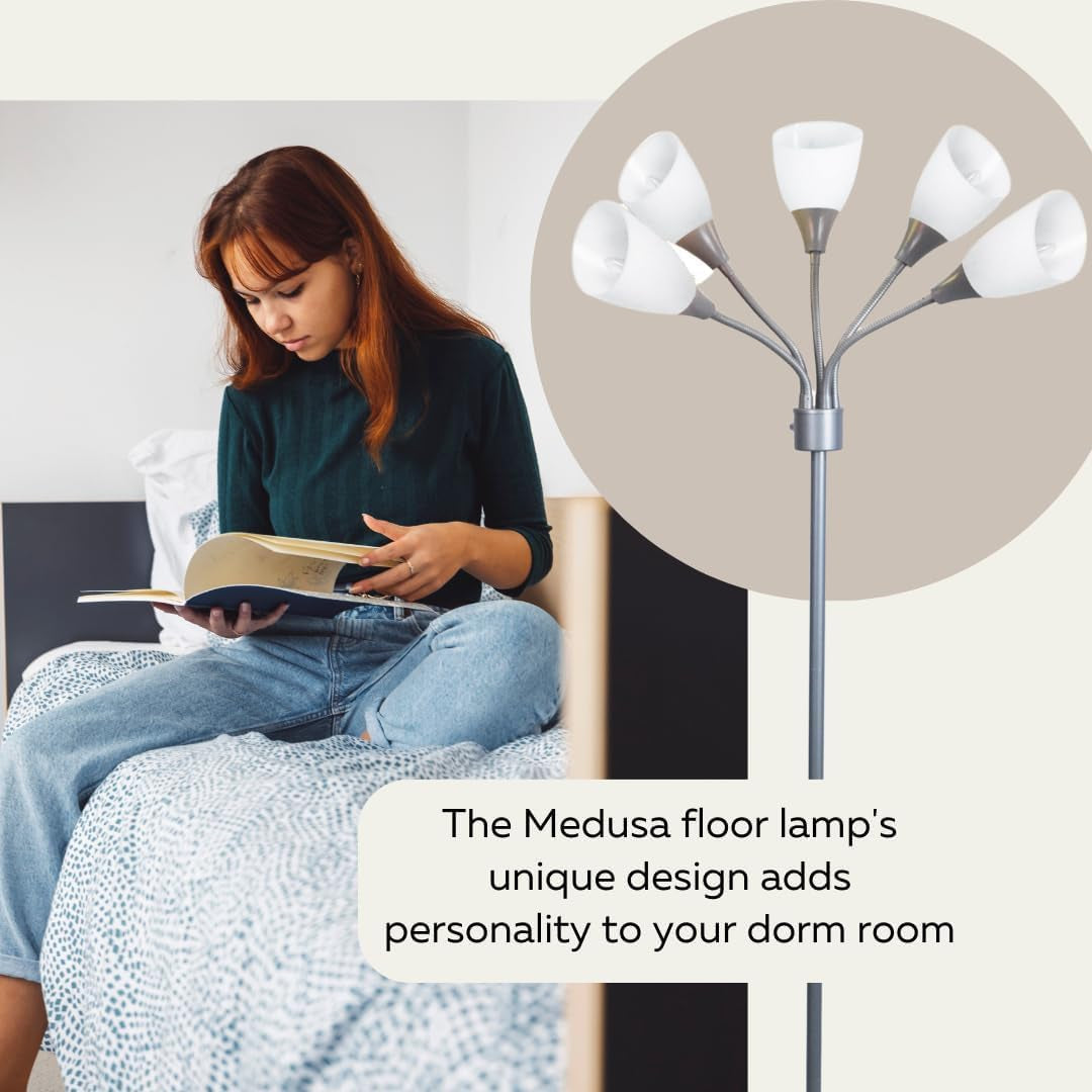 Floor Lamp for Bedroom Multi Head 5 Light Bright Floor Lamp - Medusa 5 Light Standing Lamp -Floor Lamps for Bedroom Spider Lamp 5 Acrylic White Shades Standing Light Spider Lamp Silver Floor Lamp