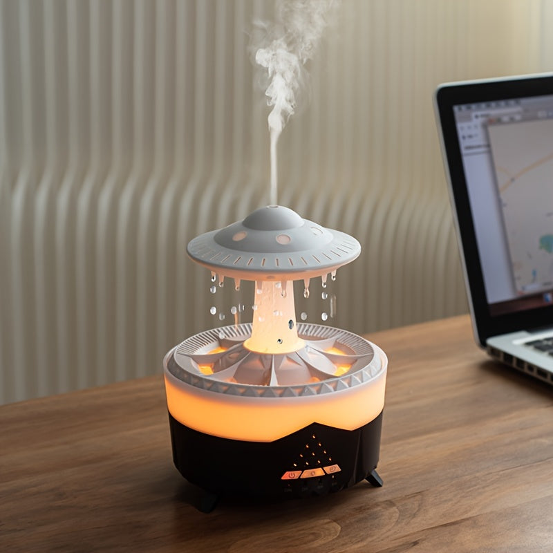 Raindrop-inspired essential oil diffuser and humidifier with LED light, whisper-quiet operation, and compact design, perfect for home, office, and relaxation spaces.