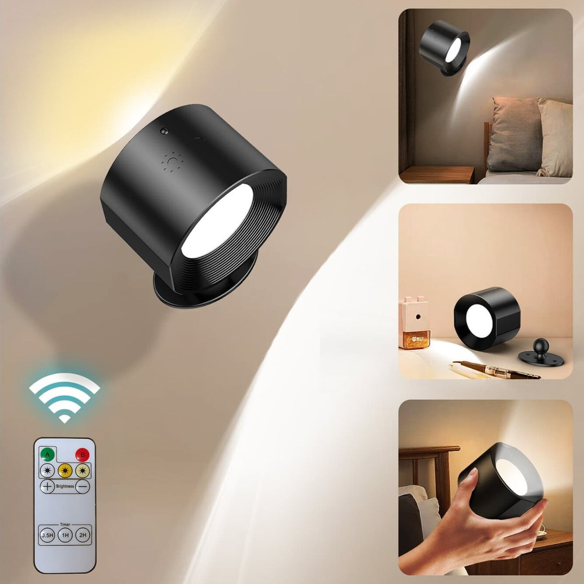 Wireless LED Wall Light - 360 Movement Reading Wall Lamp for bedroom, living room, studio - Black