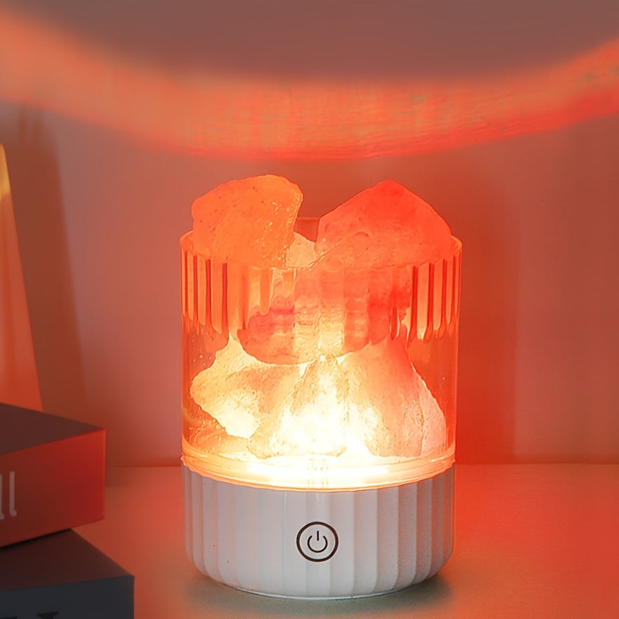 Himalayan salt lamp with 3-way touch control, color-changing LED light, and USB power for bedside and home decor use.