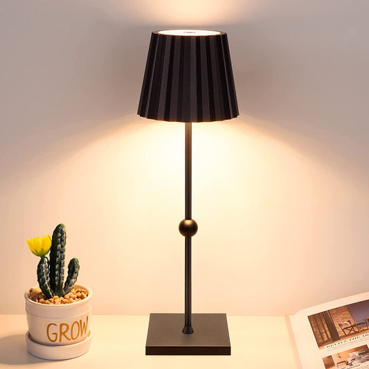 Stepless portable table lamp with 3-color adjustable dimming, touch control, and minimalist design in matte black.