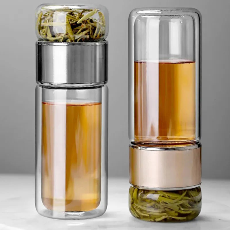 Royelux Glass Tea Bottle - 390ml Double-Layer Leakproof Tumbler with Tea Infuser