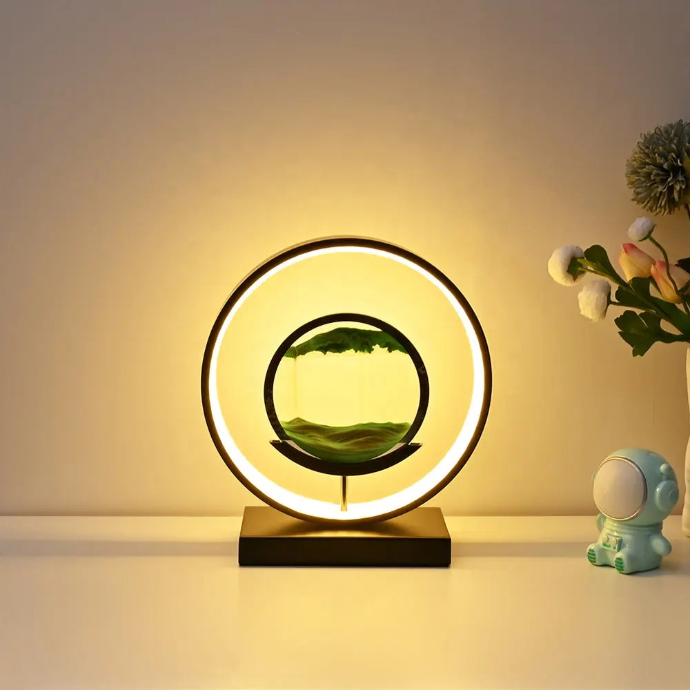 Enchanting Horizon Sand Art LED Lamp - Ambient Tabletop Light for Home Decor - Black / Lush Green