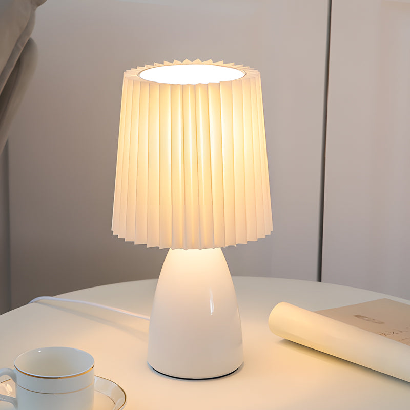 LuxRoyale Pleated Fabric Table Lamp - Dimmable LED with Glass Base & USB Port - White