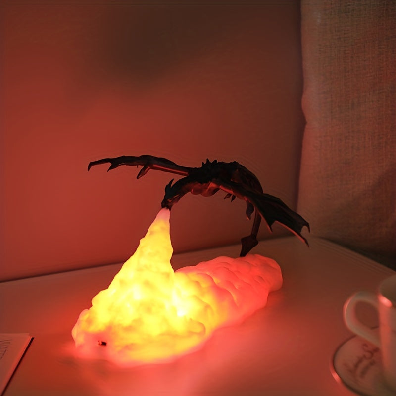 3D-printed fire dragon lamp with volcano effect, rechargeable battery-powered night light, perfect for bedroom or office decor, fantasy-themed ambiance.