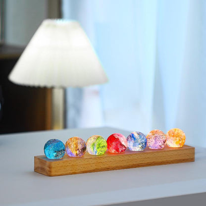 Royaleva Crystal Galaxy Orbs - 7 Galaxy-Themed Glass Spheres on Wooden Base