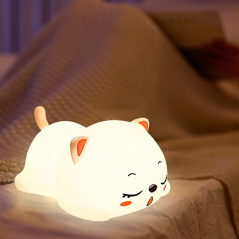 Adorable LED kitten-shaped night light with soft touch control, USB rechargeable, perfect for kids' rooms and playful home decor.