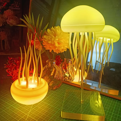 Jellyfish lamp with modern color-changing LED lights, USB rechargeable, featuring a sleek design and adjustable base for home decor.