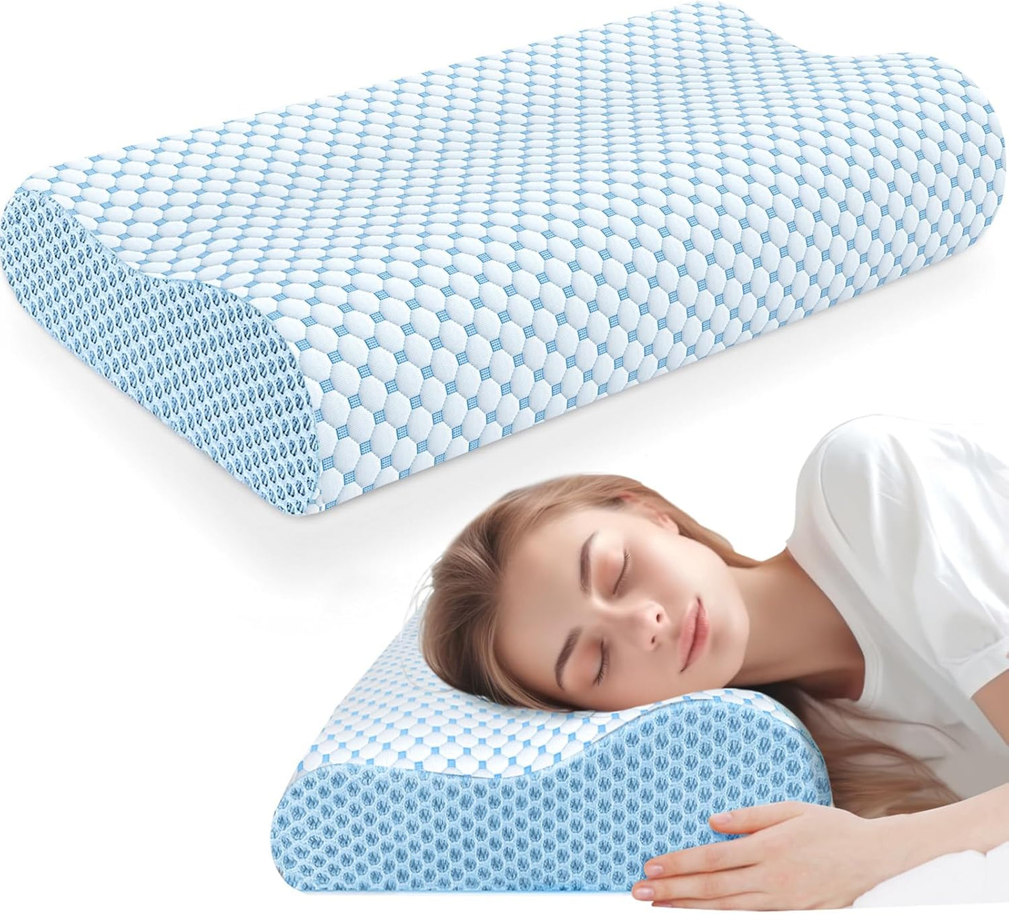 Lumora Memory Foam Pillow - Contoured Ergonomic Design with Bamboo Cover - Blue