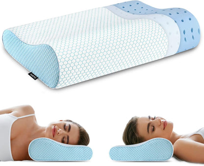 Lumora Memory Foam Pillow - Contoured Ergonomic Design with Bamboo Cover - White Blue