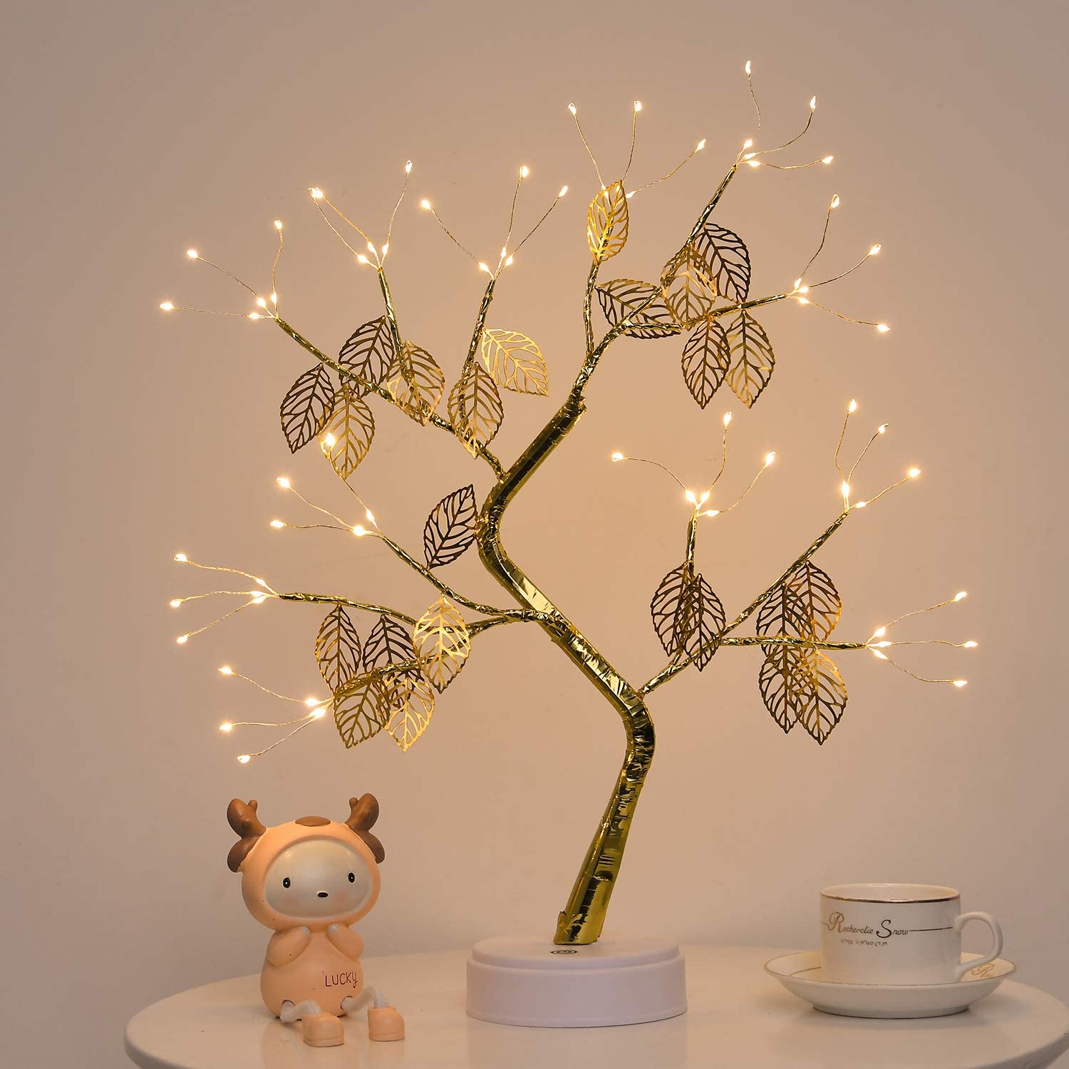 Golden Leaf Tree lamp with warm LED lights, adjustable branches, USB and battery power options, cozy decor