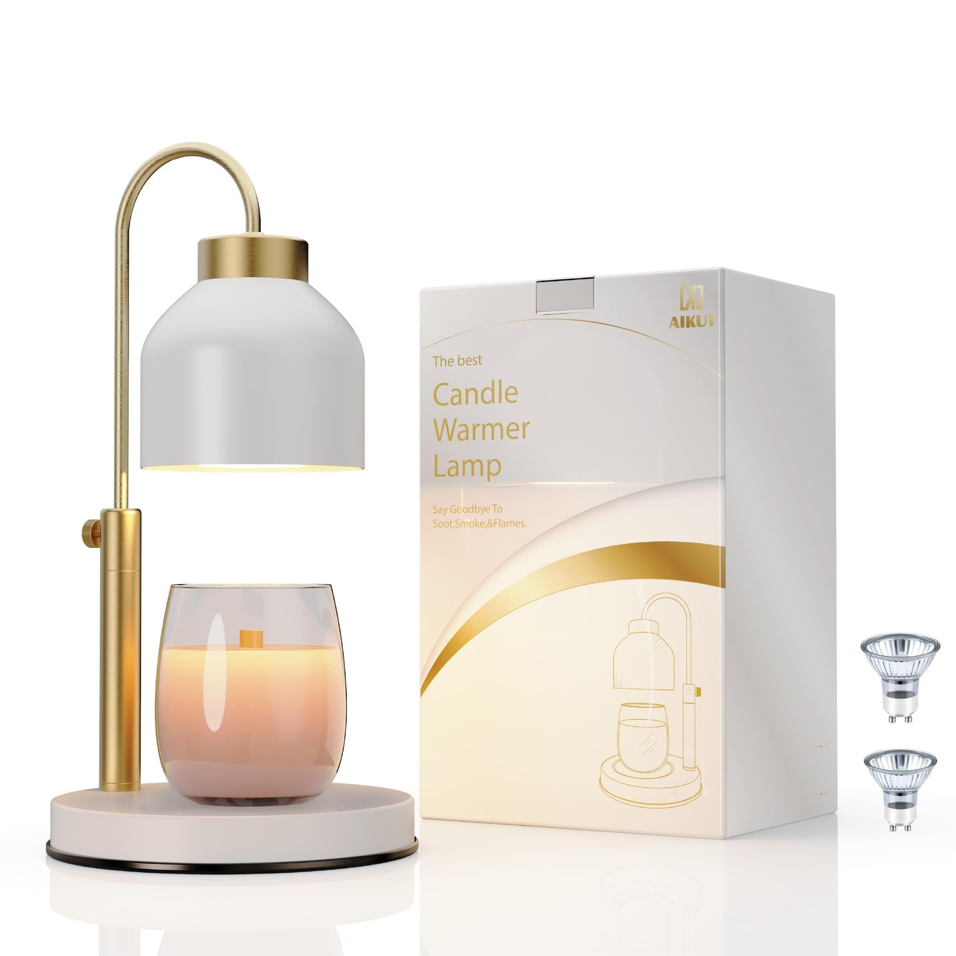 White and gold candle melting lamp with lavender candle set, adjustable height, timer, and dimmer, perfect for large jar candles and home decor.