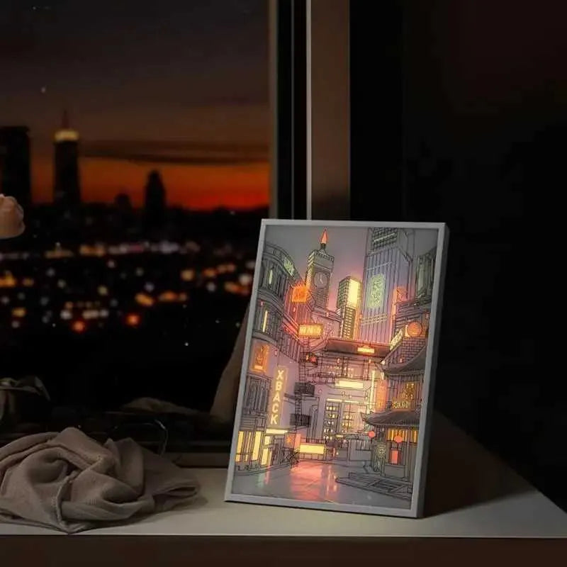 Anime LED City Night View Wall Art – USB-Powered Dimmable Lighting Painting