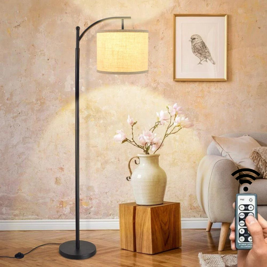 Curved arc floor lamp with adjustable brightness and linen lampshade