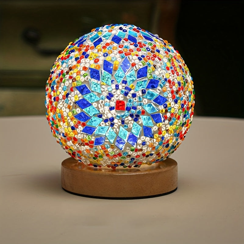 Handcrafted mosaic glass ball table lamp with wooden base, Turkish Moroccan inspired design, perfect for bedroom and living room decor.