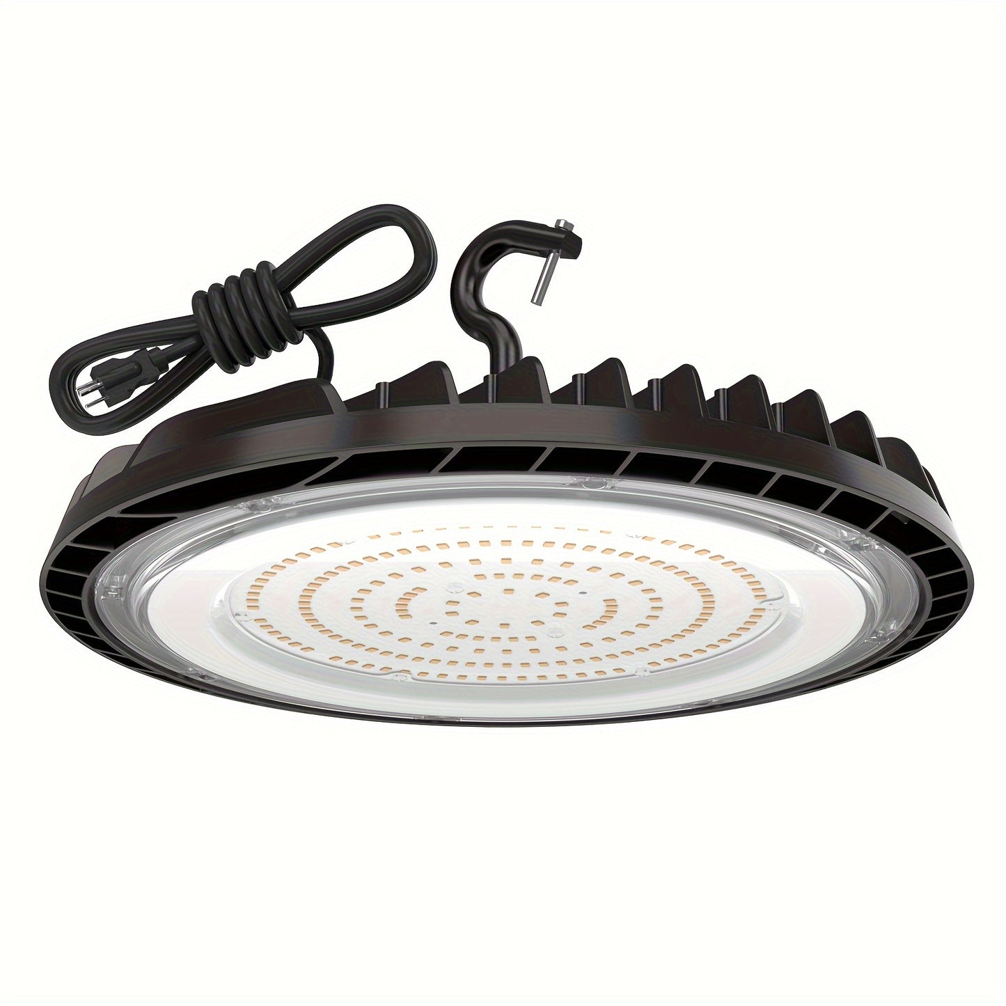 High bay LED light with 150W power, 21,000 lumens, and 5000K color temperature, ideal for warehouses, factories, and large indoor spaces, with US plug for easy installation.