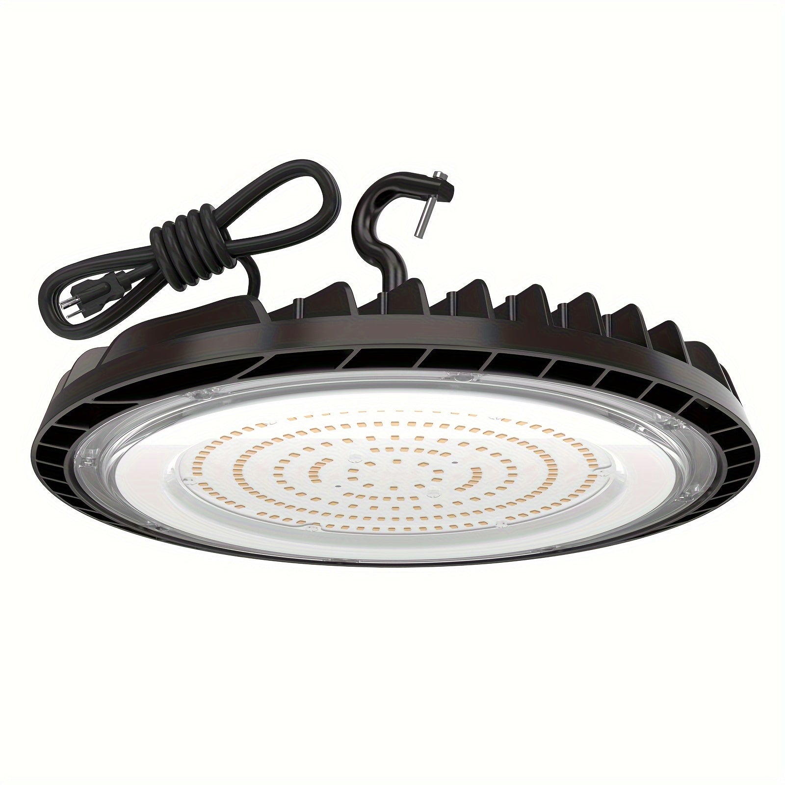 High bay LED light with 150W power, 21,000 lumens, and 5000K color temperature, ideal for warehouses, factories, and large indoor spaces, with US plug for easy installation.