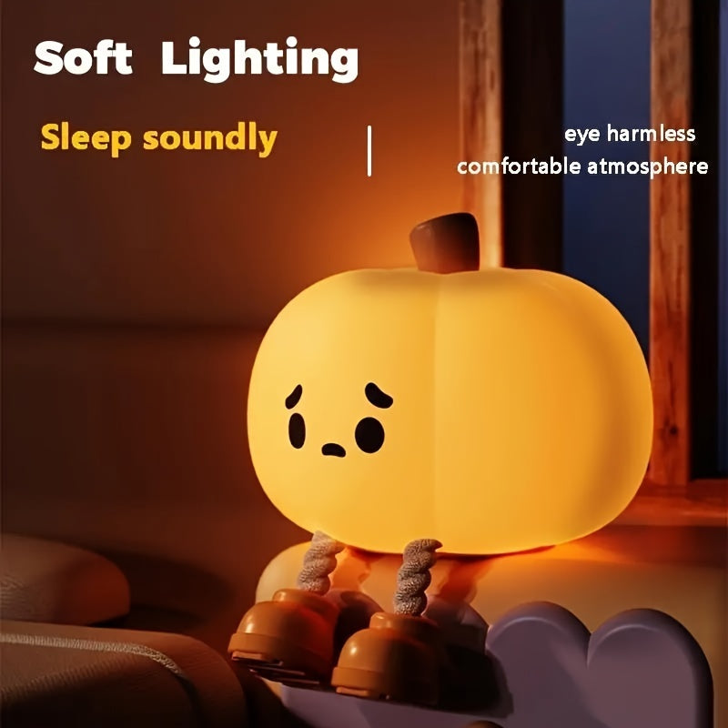 Adorable pumpkin night light with soft silicone design, USB rechargeable, perfect for bedside, dorm rooms, and holiday party decorations.