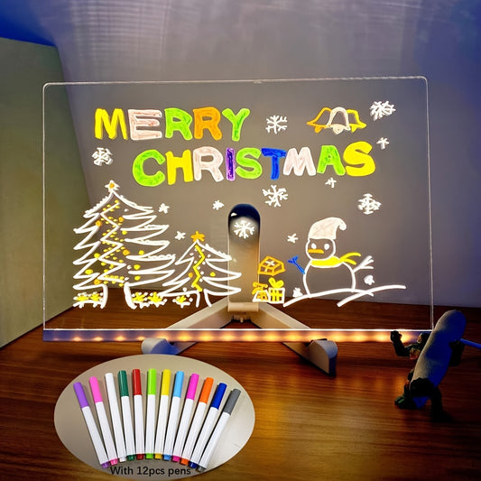 USB LED Note Board with 12 color pens, acrylic dry-erase glow message board, perfect for office, home, and festive decorations.