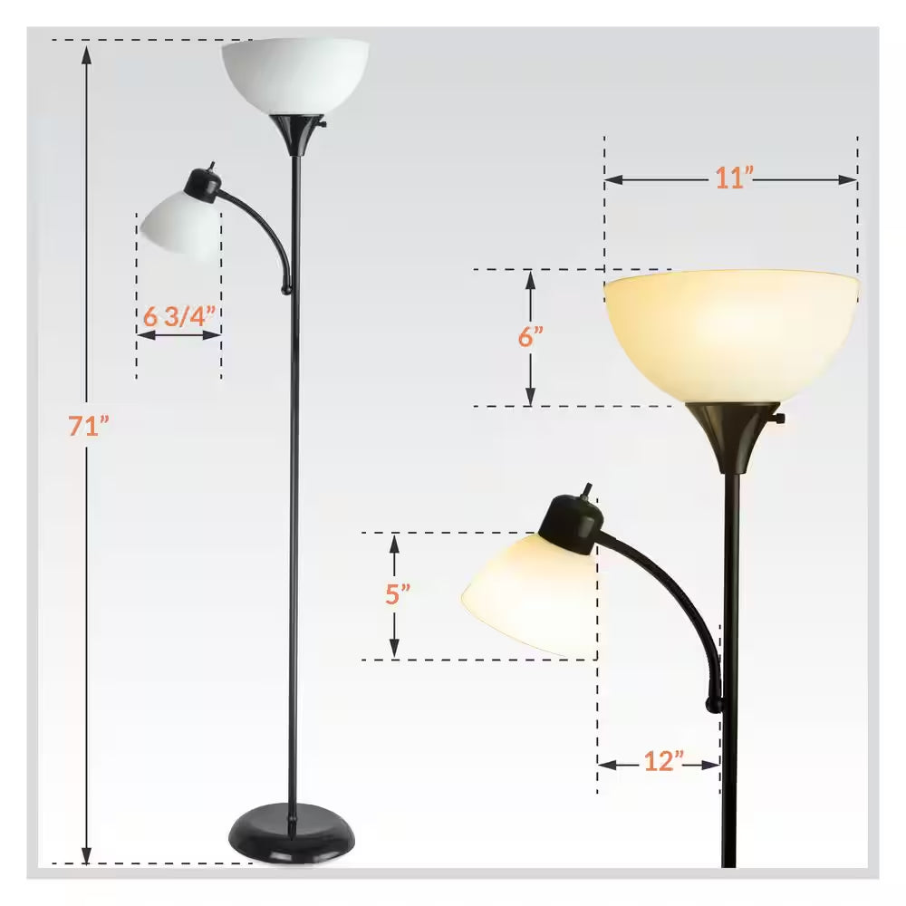 71 In. Torchiere William Standing Floor Lamp, Two-In-One Reading Light for Bedroom/Living Room, Black