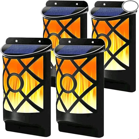 Solar flame lights, lattice design, waterproof LED wall lamps for garden and yard decoration.