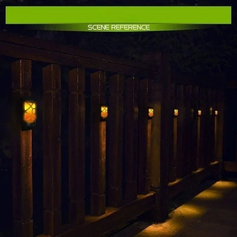 Solar flame lights, lattice design, waterproof LED wall lamps for garden and yard decoration.