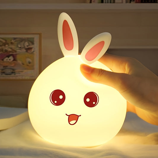 Squishy bunny night light with long ears, color-changing LED, and touch control, perfect for kids' bedrooms and cozy home decor.