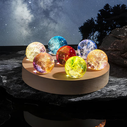 Royaleva Crystal Galaxy Orbs - 7 Galaxy-Themed Glass Spheres on Wooden Base