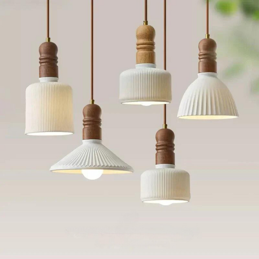 RoyaleGlow Elegant Cream Wind Solid Wood Pendant Light for Cozy Ambiance - Type A / Walnut Color / Warm White