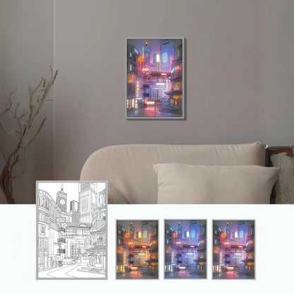 Anime city night view LED lighting painting with adjustable 3-color dimming and USB power, perfect for home and bedroom décor.