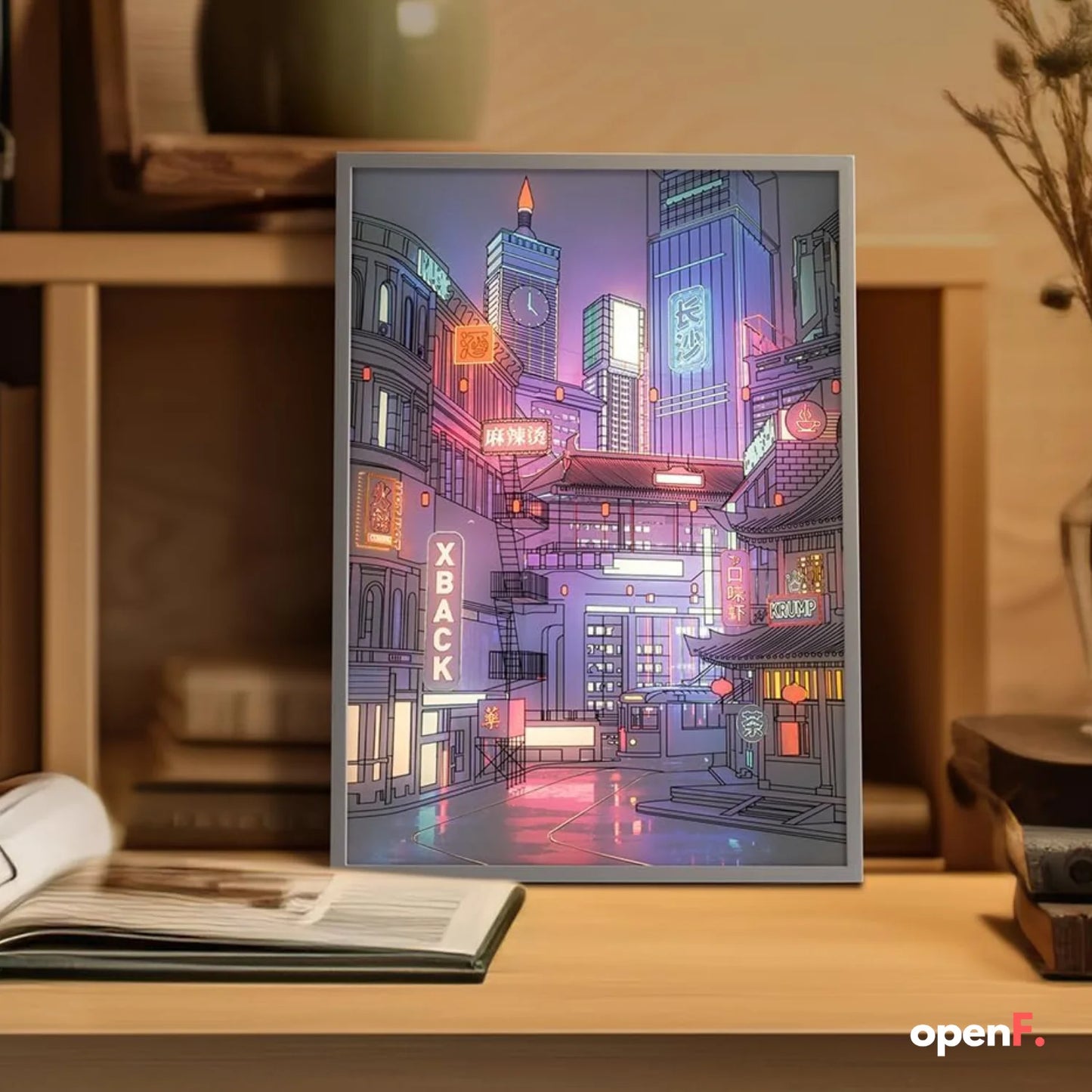 Anime city night view LED lighting painting with adjustable 3-color dimming and USB power, perfect for home and bedroom décor.