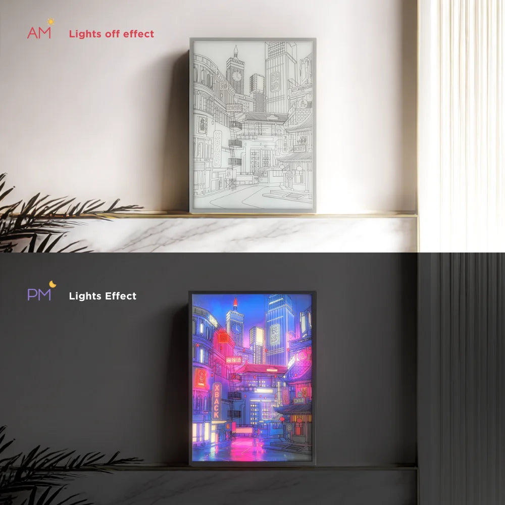 Anime city night view LED lighting painting with adjustable 3-color dimming and USB power, perfect for home and bedroom décor.