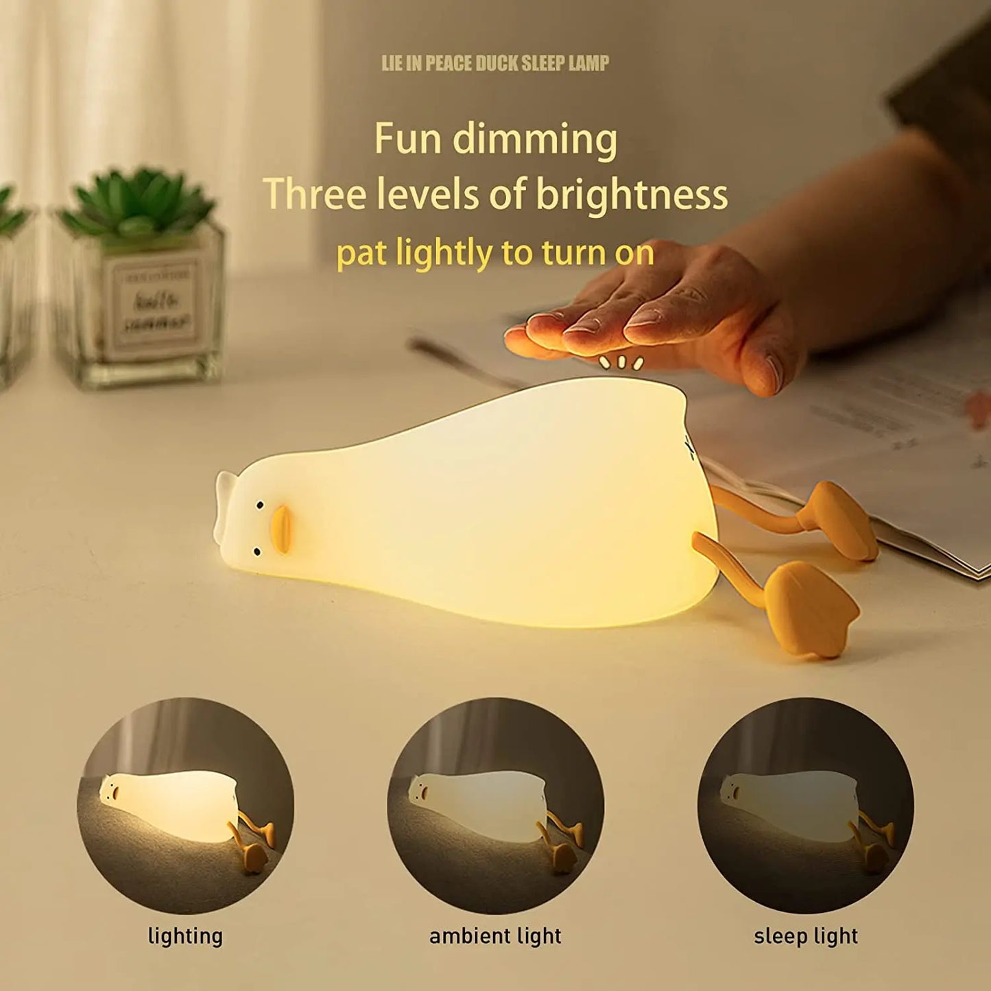 LED duck night light, squishy silicone duck lamp, touch control dimmable nursery lamp with three brightness levels for kids' rooms and bedrooms.