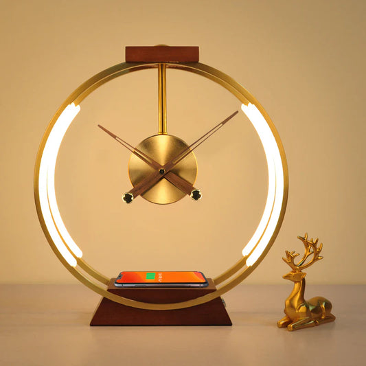 Modern clock lamp with wireless phone charger, LED lighting, and minimalist design, perfect for contemporary decor and functional lighting.