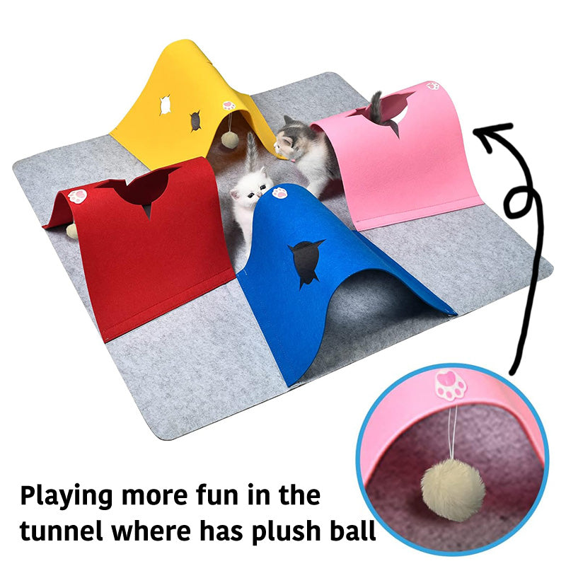 Pawelux Interactive Cat Play Mat with Tunnels - Portable & Foldable Felt Activity Mat for Cats and Small Pets